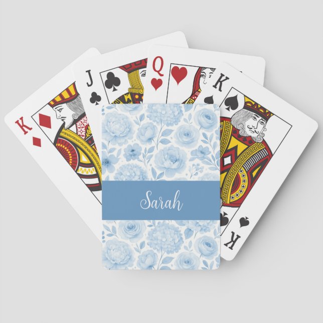 Jeu De Cartes Monogramme de nom floral aquarelle bleu blanc (dos)
