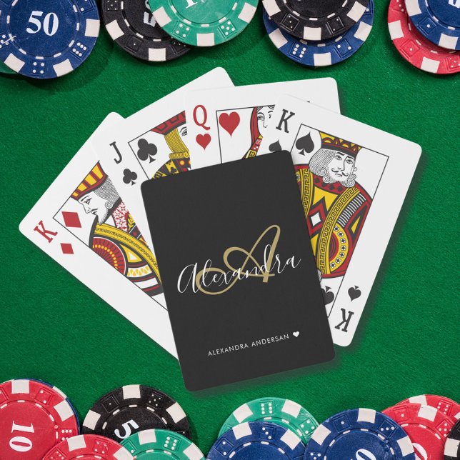 Jeu De Cartes Monogramme de nom initial de script or noir élégan (Elegant Black Gold Script Initial Name Monogram Poker Cards)