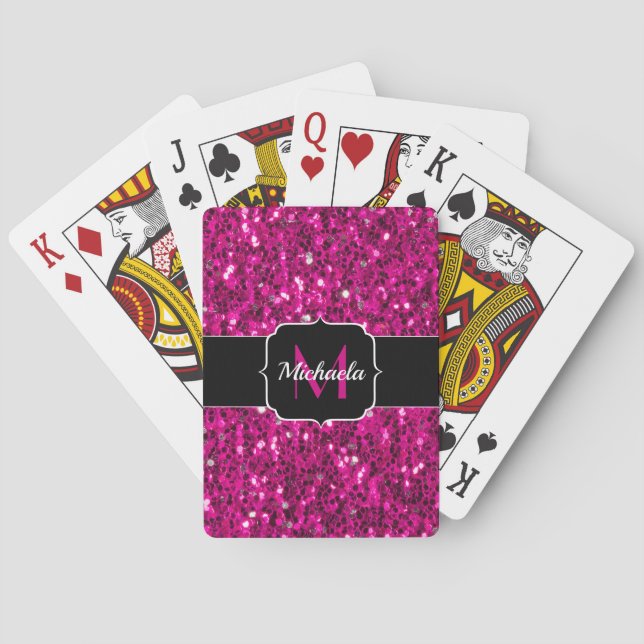 Jeu De Cartes Monogramme de parties scintillant étincelante rose (dos)