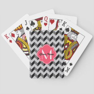 Jeu De Cartes Monogramme de Quatrefoil rose noir et gris Chevron