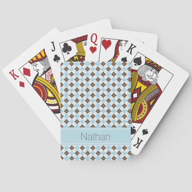 Jeu De Cartes Monogramme de style à motif argyle bleu et marron (dos)