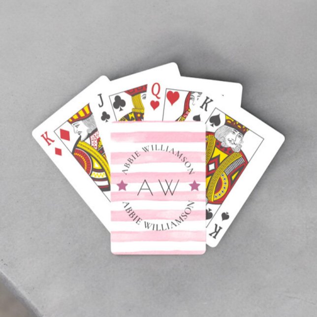 Jeu De Cartes monogramme design personnalisé rayures roses (fun playing  personalized cards ideaa for family games night )
