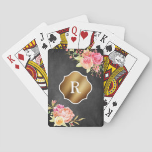 Jeu De Cartes Monogramme d'or et fleurs sur tableau de bord text