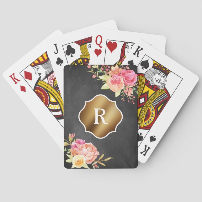 Jeu De Cartes Monogramme d'or et fleurs sur tableau de bord text (dos)