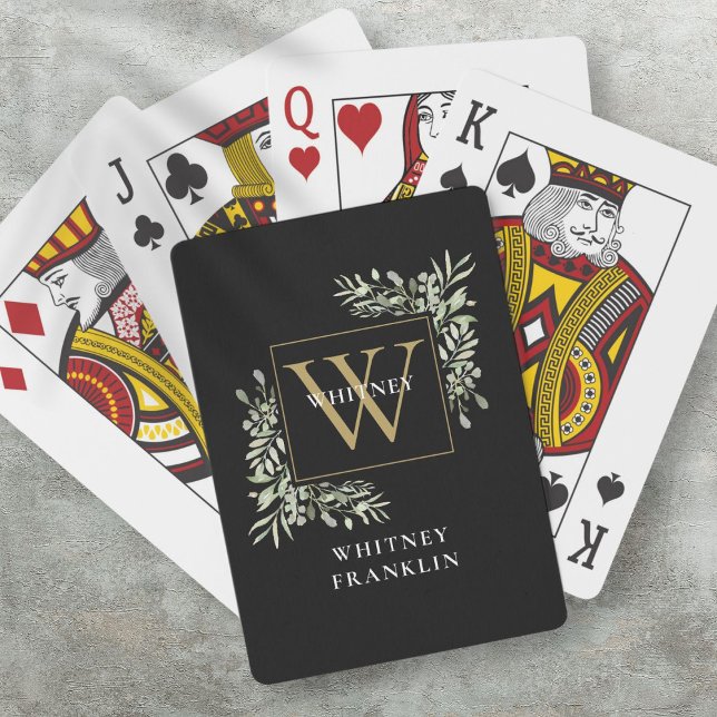 Jeu De Cartes Monogramme d'or noir personnalisé Vert (Personalized Black Gold Monogram Greenery Playing Cards)