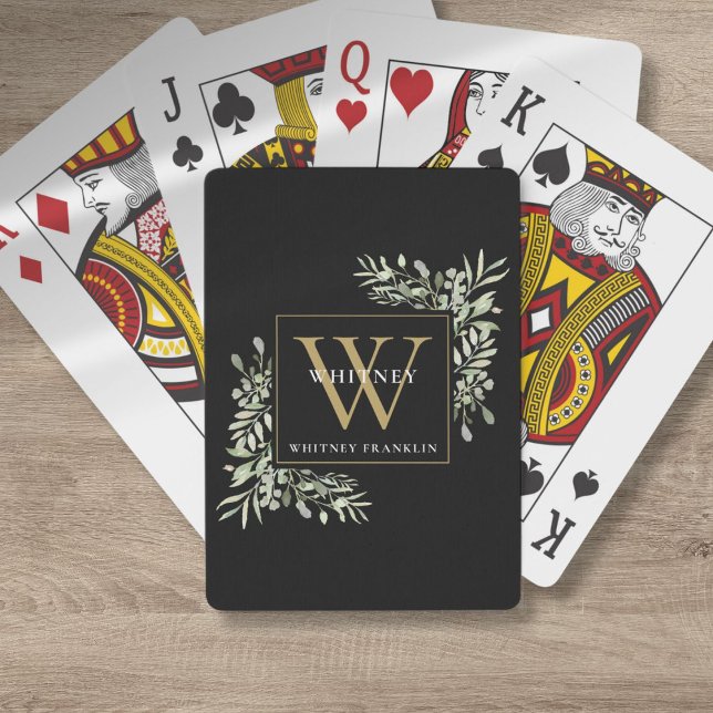 Jeu De Cartes Monogramme doré Élégant Vert Moderne Noir (Gold Monogram Elegant Greenery Modern Black Poker Cards)