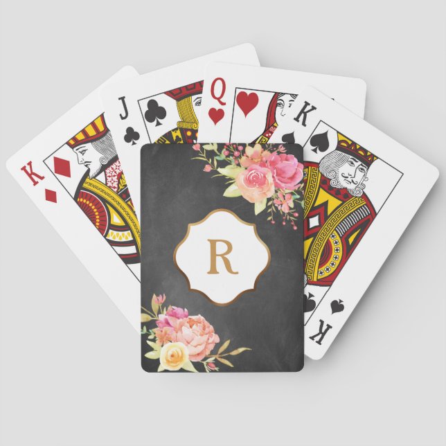 Jeu De Cartes Monogramme doré et fleurs sur tableau craie textur (dos)