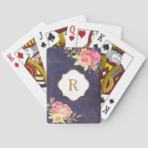 Jeu De Cartes Monogramme doré et fleurs sur texture violette vin