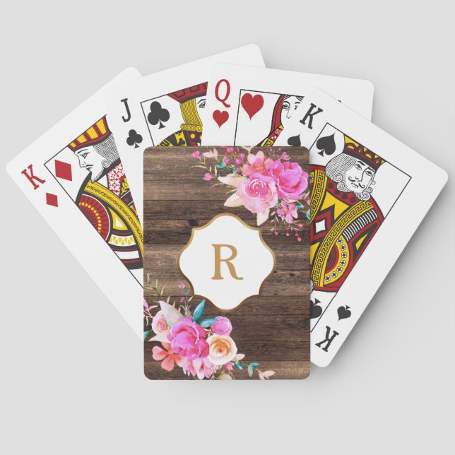 Jeu De Cartes Monogramme doré Fleurs roses Bois marron rustique (dos)