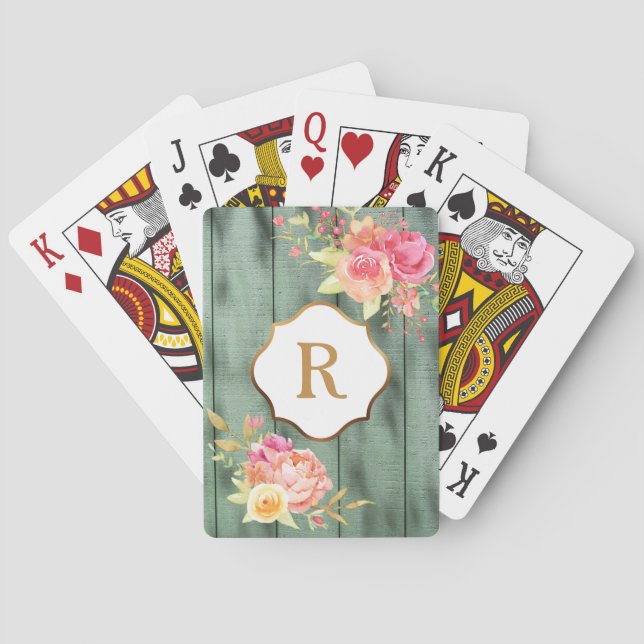 Jeu De Cartes Monogramme doré Fleurs roses Bois vert rustique (dos)