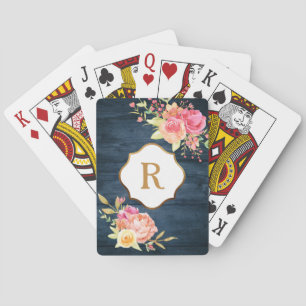 Jeu De Cartes Monogramme doré Fleurs roses Rustique Bois marine