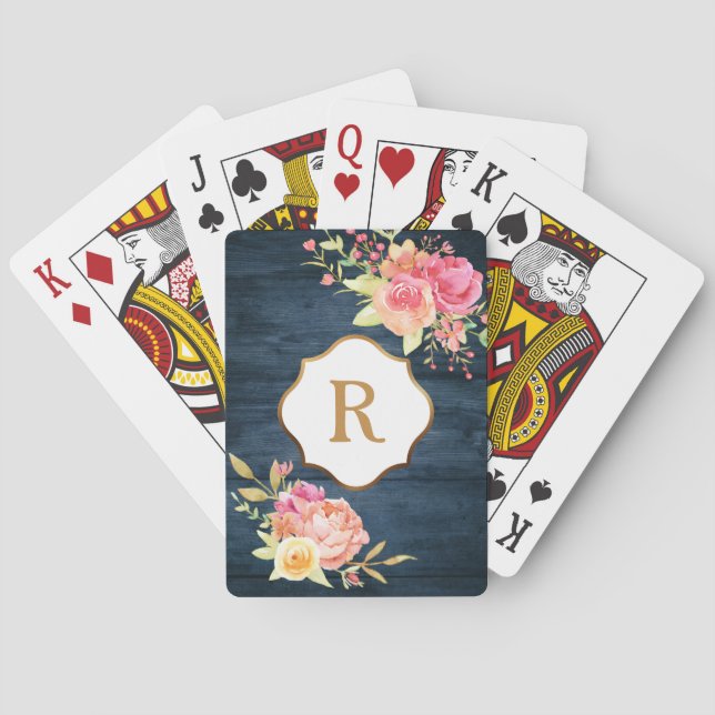 Jeu De Cartes Monogramme doré Fleurs roses Rustique Bois marine (dos)