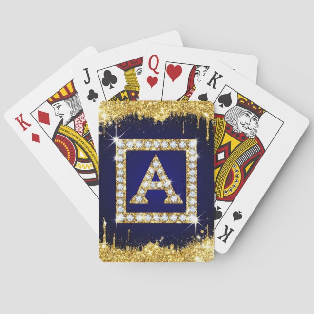 Jeu De Cartes Monogramme doré initial A avec paillettes bleues (dos)