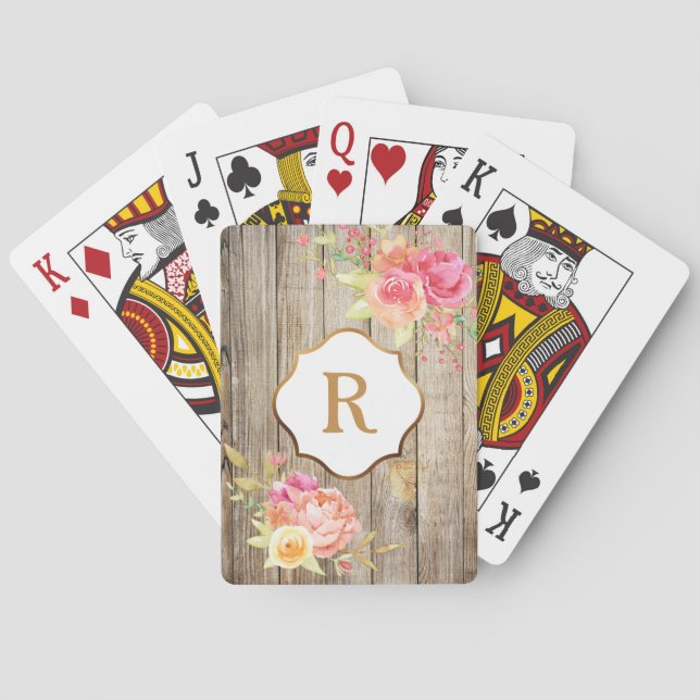 Jeu De Cartes Monogramme doré sur fleurs roses Bois rustique (dos)