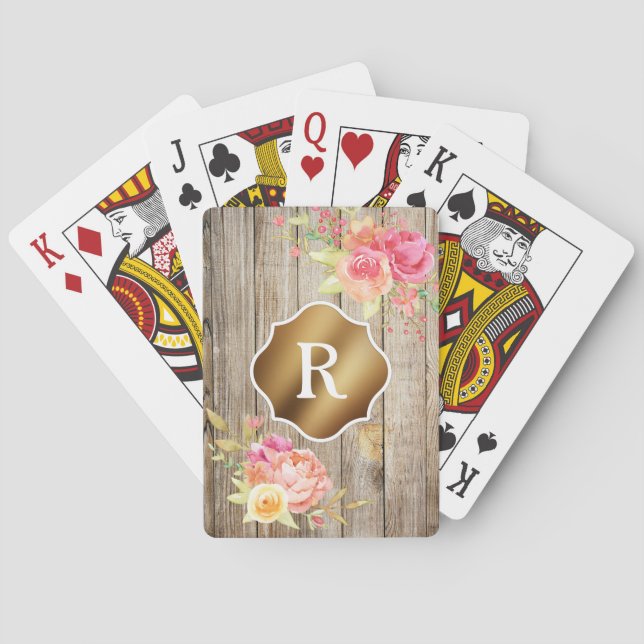 Jeu De Cartes Monogramme doré sur fleurs roses et bois rustique (dos)