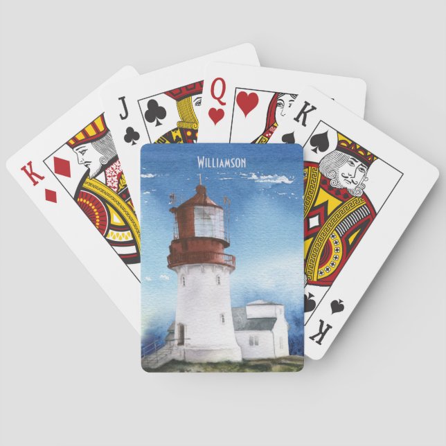 Jeu De Cartes Monogramme du phare océanique moderne Blue Beach (dos)