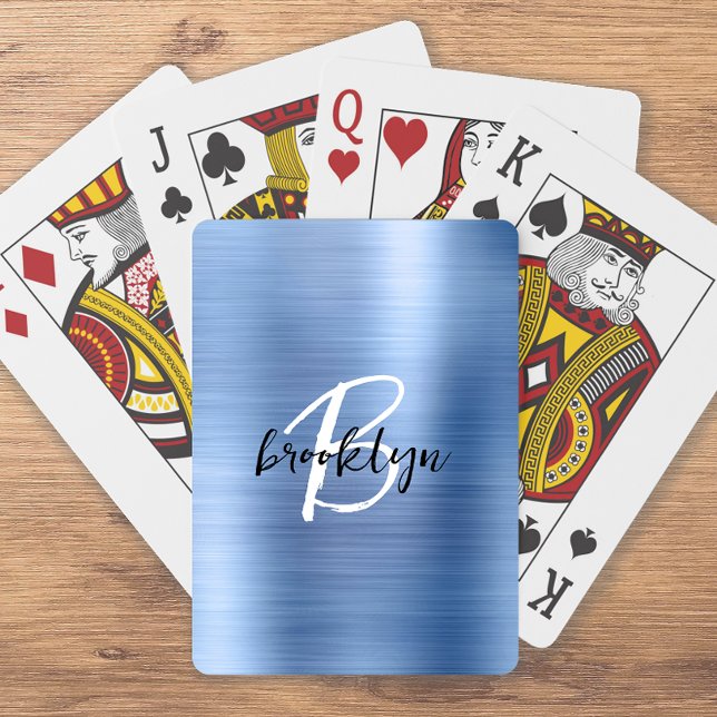 Jeu De Cartes Monogramme écriture noir blanc Métal brossé bleu (Créateur téléchargé)