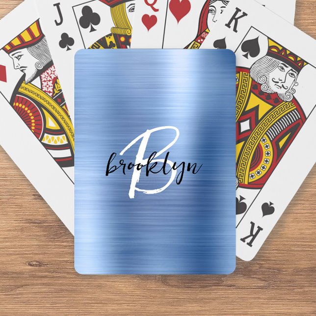 Jeu De Cartes Monogramme écriture noir blanc Métal brossé bleu (Créateur téléchargé)
