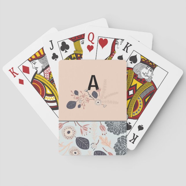Jeu De Cartes Monogramme Élégant Gris Bleu Peach Motif Floral (dos)