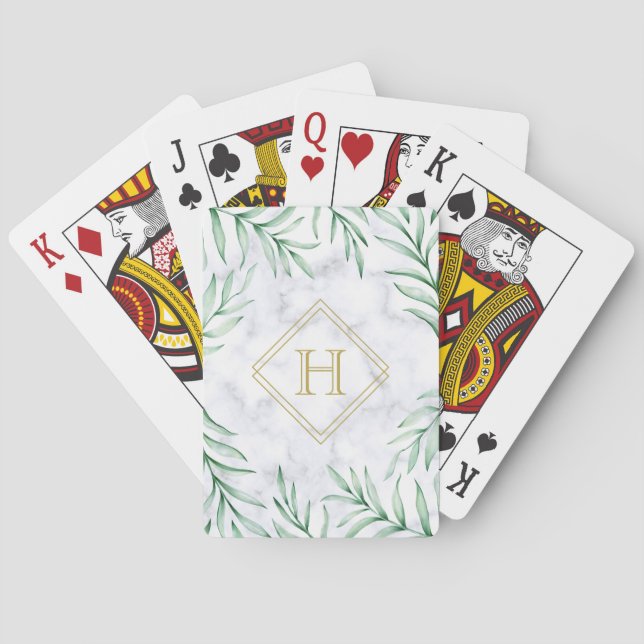 Jeu De Cartes Monogramme Elégante Verdure Aquarelle Marbre Feuil (dos)