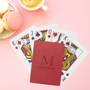 Jeu De Cartes Monogramme en cuir texturé rouge Nom personnalisé