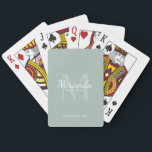 Jeu De Cartes Monogramme et nom de la servante d'accueil personn<br><div class="desc">Cadeaux de Bridesmaids personnalisées avec le nom de la femme de bridesmaid personnalisées en style de police de script classique blanc et monogramme en style de police de serif classique de sauge vert comme arrière - plan avec titre et date de mariage en style de police de serif classique blanc...</div>