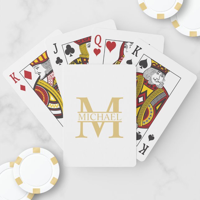 Jeu De Cartes Monogramme et nom personnalisés blanc et or (Créateur téléchargé)