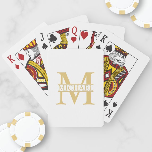 Jeu De Cartes Monogramme et nom personnalisés blanc et or (Créateur téléchargé)
