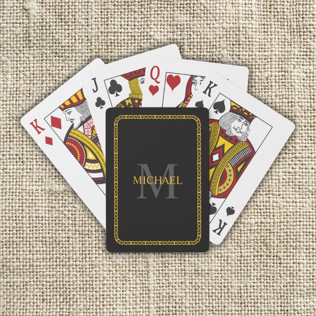Jeu De Cartes Monogramme et nom personnalisés noir et or (Black and Gold Personalized Monogram and Name Poker Cards)