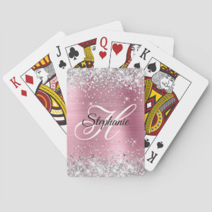 Jeu De Cartes Monogramme fantaisie pailleté argent rose clair en