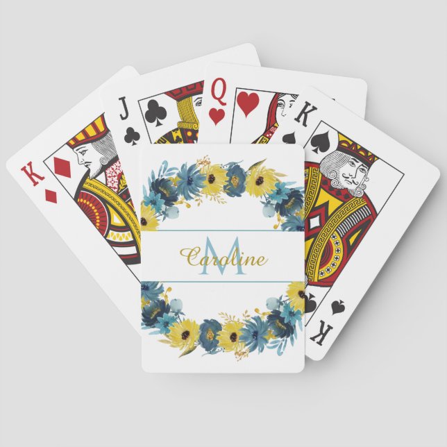 Jeu De Cartes Monogramme Floral d'automne d'or bleu (dos)