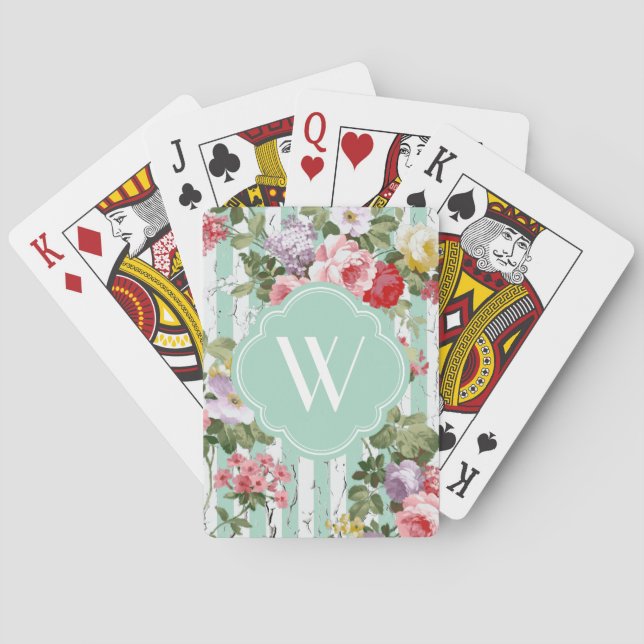 Jeu De Cartes Monogramme Floral Patiné Bande verte (dos)