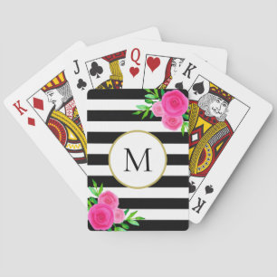 Jeu De Cartes Monogramme floral rose rayé noir