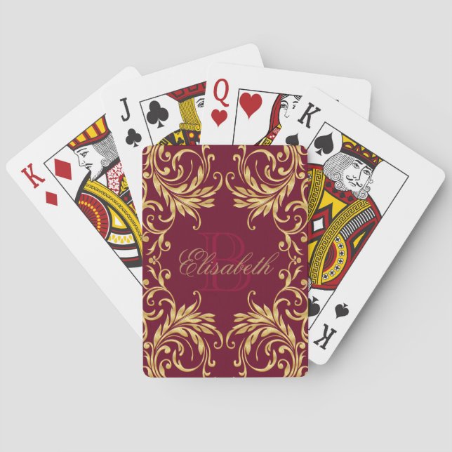 Jeu De Cartes Monogramme Golden Damask sur Dark Red (dos)