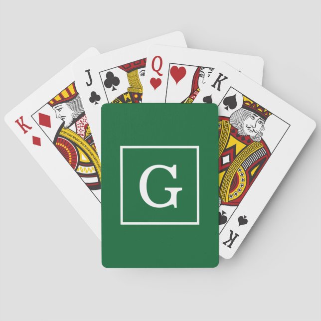 Jeu De Cartes Monogramme initial encadré blanc vert de forêt (dos)