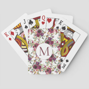Jeu De Cartes Monogramme Initial Floral Aquarelle Bourgogne