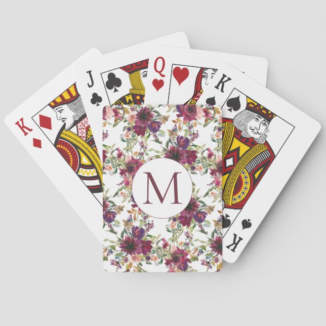 Jeu De Cartes Monogramme Initial Floral Aquarelle Bourgogne (dos)