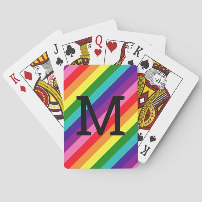 Jeu De Cartes Monogramme initiale à rayures arc-en-ciel noir (dos)