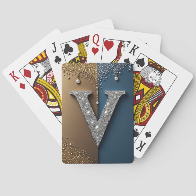 Jeu De Cartes Monogramme Lettre V Avec Diamants Perles (dos)