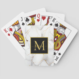 Jeu De Cartes Monogramme marbré blanc et or moderne Nom