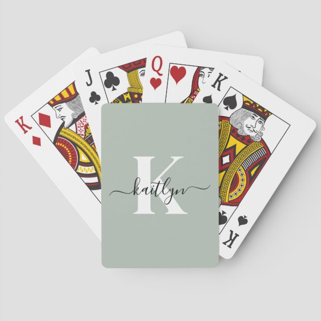 Jeu De Cartes Monogramme Moderne de Vert Sauge en Écriture (dos)