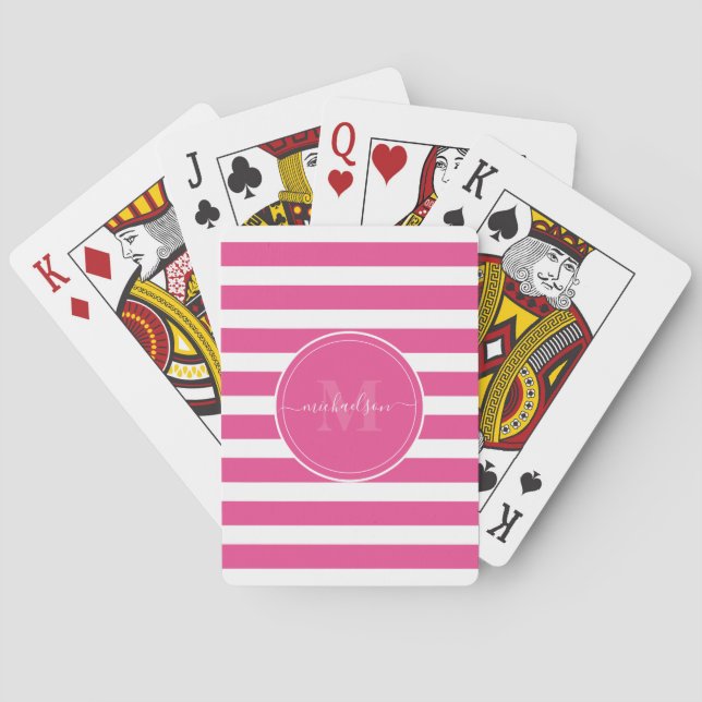 Jeu De Cartes Monogramme moderne Hot Pink et White Stripes Nom (dos)