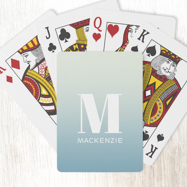 Jeu De Cartes Monogramme moderne Nom initial Turquoise Aqua Grad (Simple modern monogram name personalized teal aqua green ocean gradient playing cards)