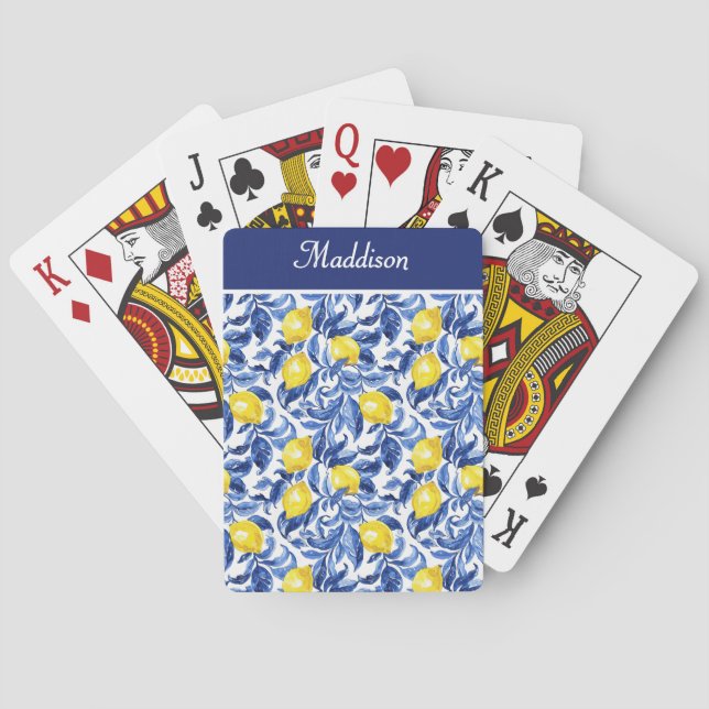 Jeu De Cartes Monogramme motif aquarelle bleue de citron (dos)