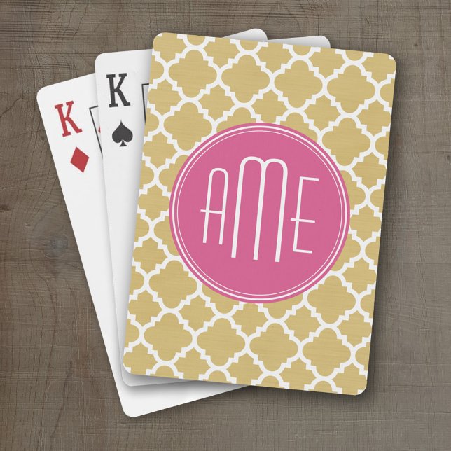 Jeu De Cartes Monogramme Motif de Quatrefoil rose et or chaud (Personalized Playing Cards)