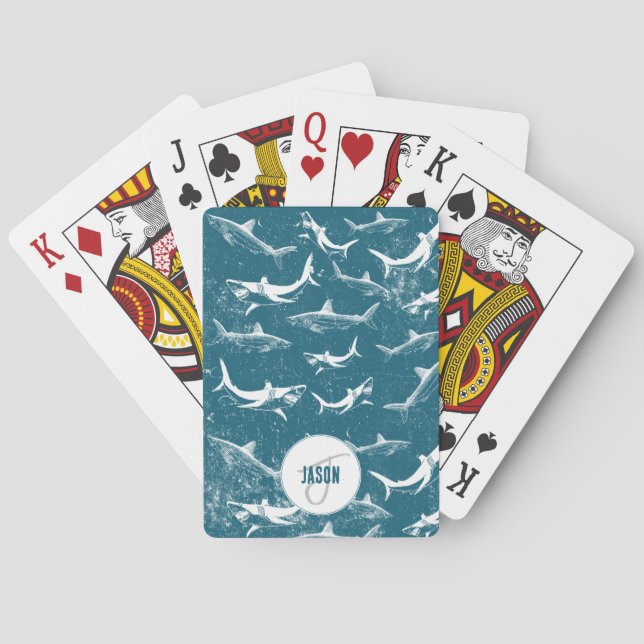 Jeu De Cartes Monogramme Motif de requins bleus en détresse (dos)