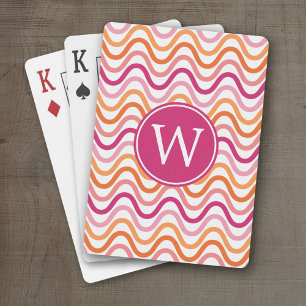 Jeu De Cartes Monogramme Motif d'onde rose chaud et orange Chevr