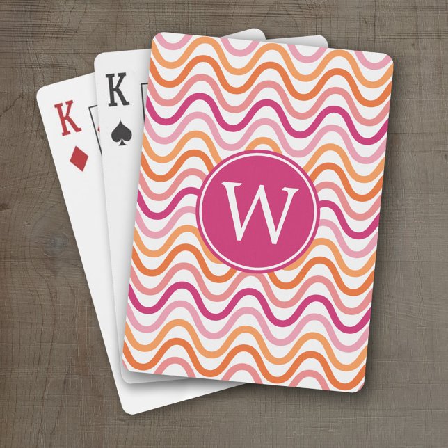 Jeu De Cartes Monogramme Motif d'onde rose chaud et orange Chevr (Personalized Playing Cards)