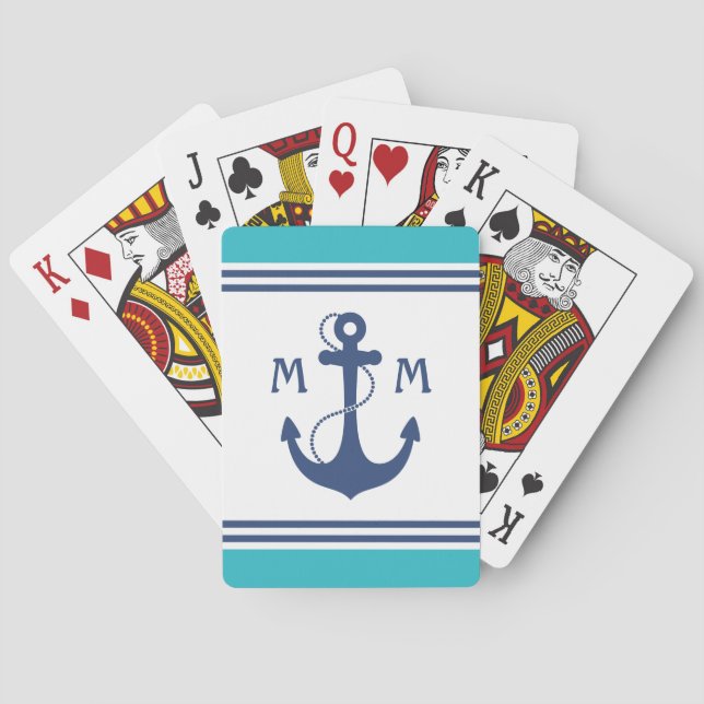 Jeu De Cartes Monogramme nautique bleu d'Ancre (dos)