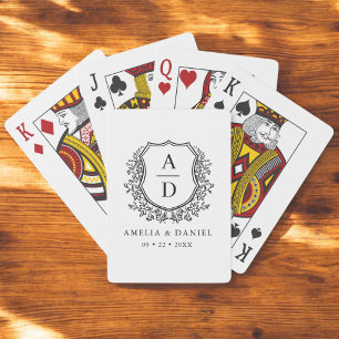 Jeu De Cartes Monogramme noir blanc Mariage Floral Crest
